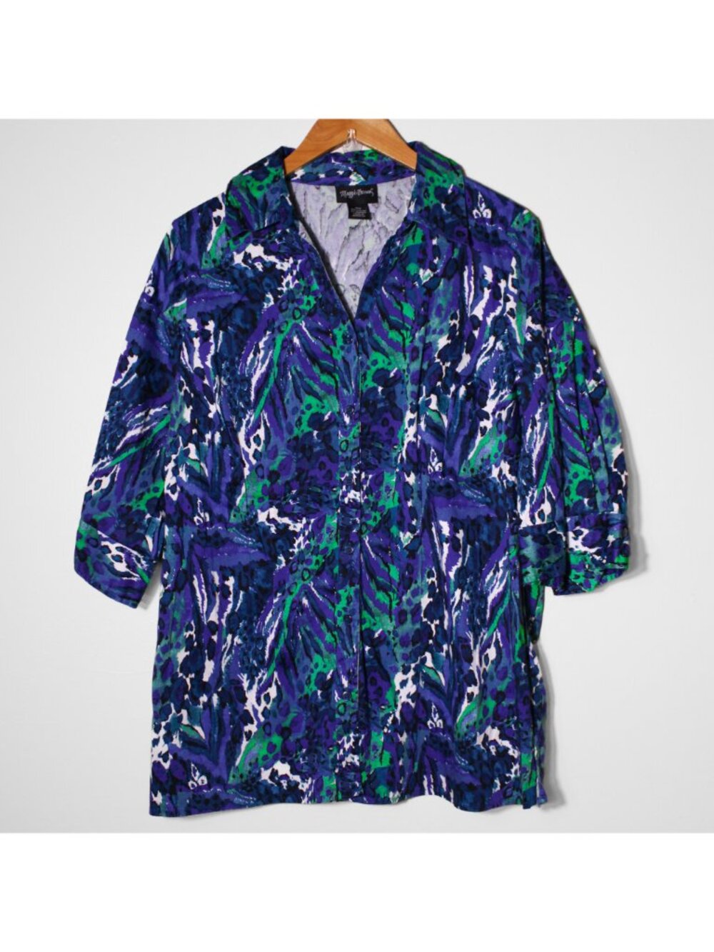 Maggie Barnes Abstract Animal Print Button Up 3/4 Top Blue Emerald Size 16W